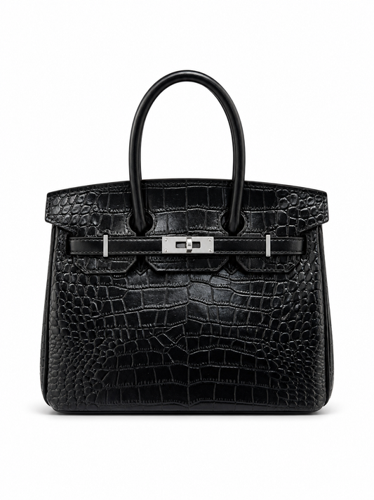 Jet Black Croc Luxe Top Handle Bag