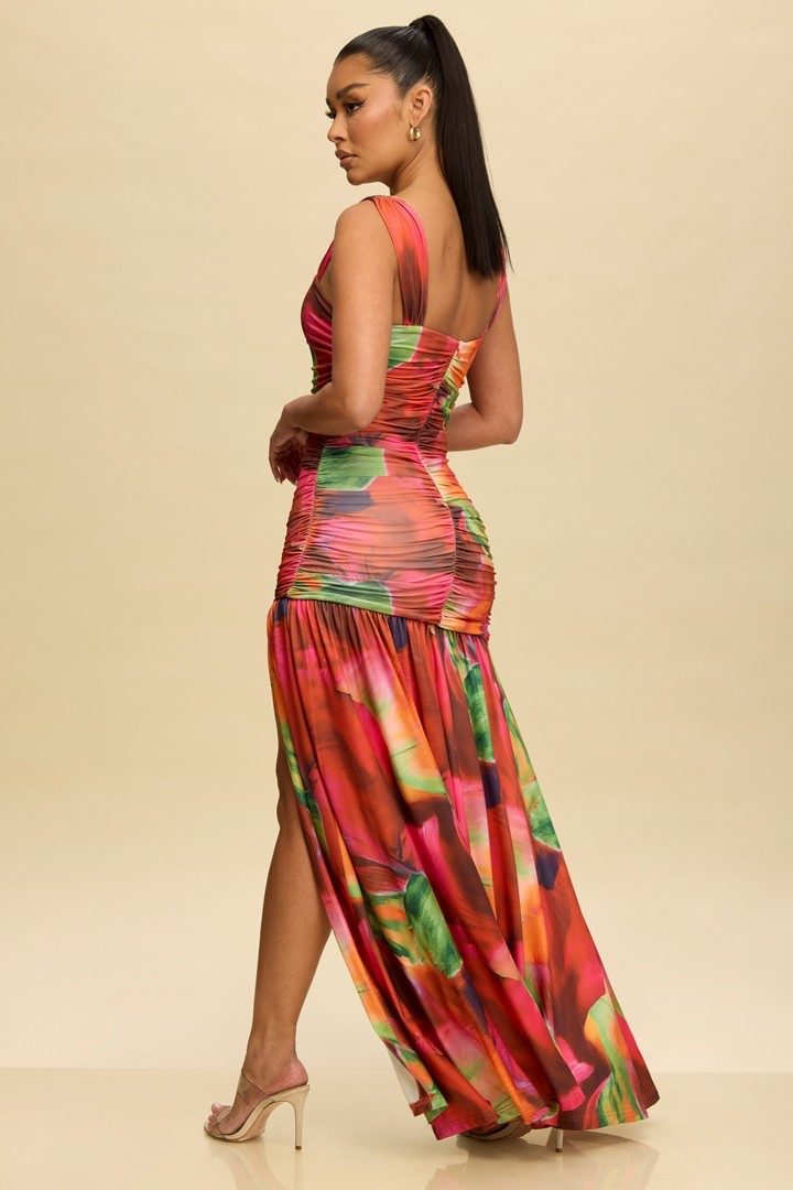 Tropic Ember Ruched Maxi Dress