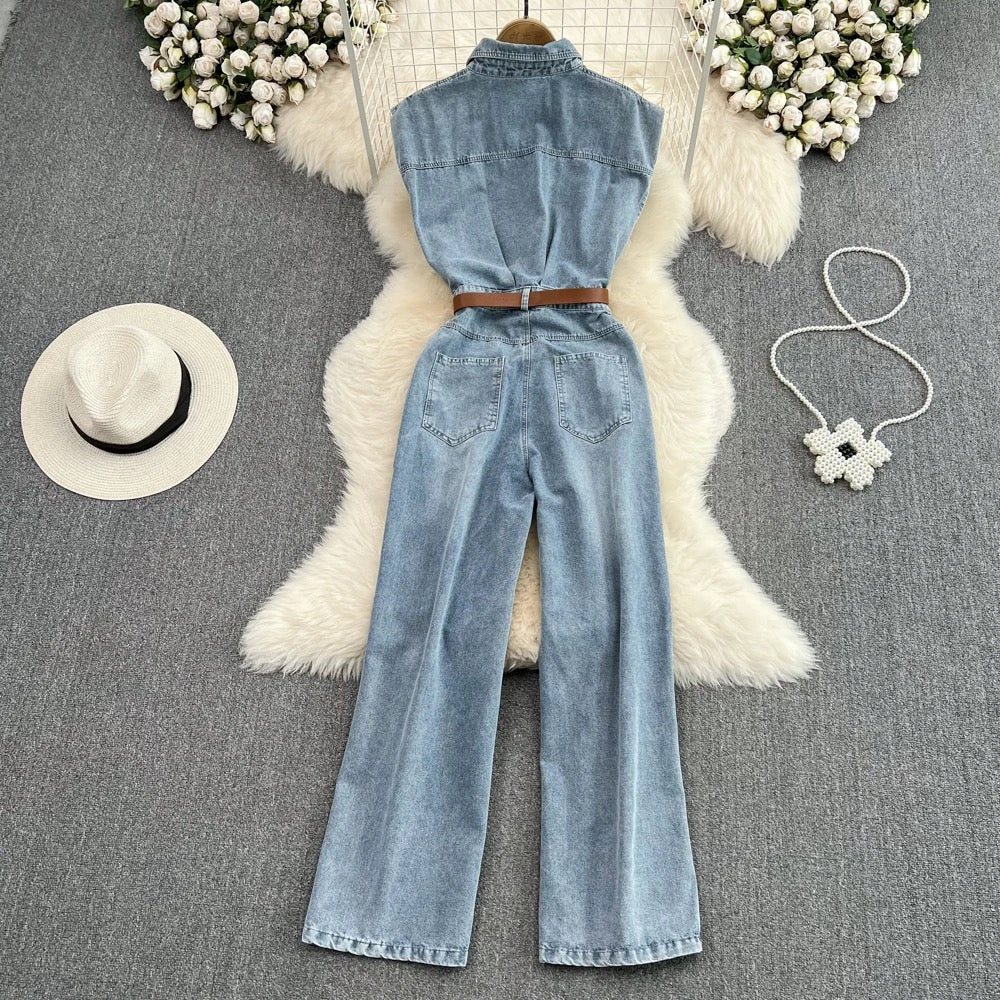 Sleeveless denim jumpsuit