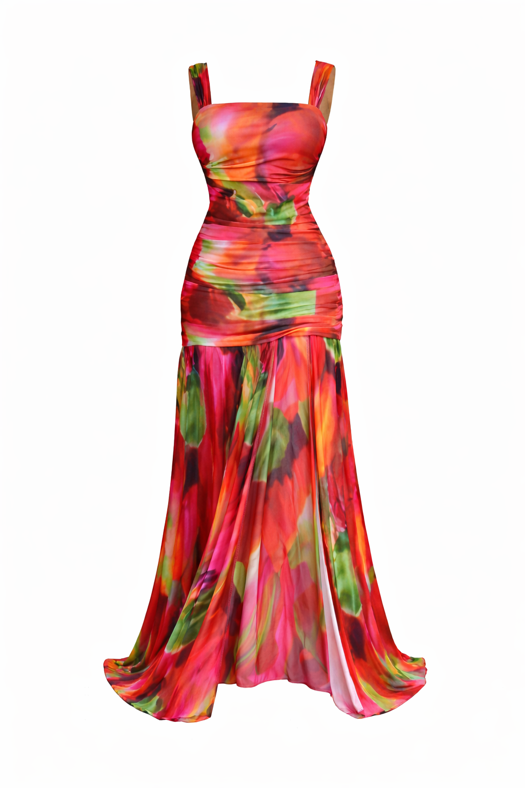 Tropic Ember Ruched Maxi Dress