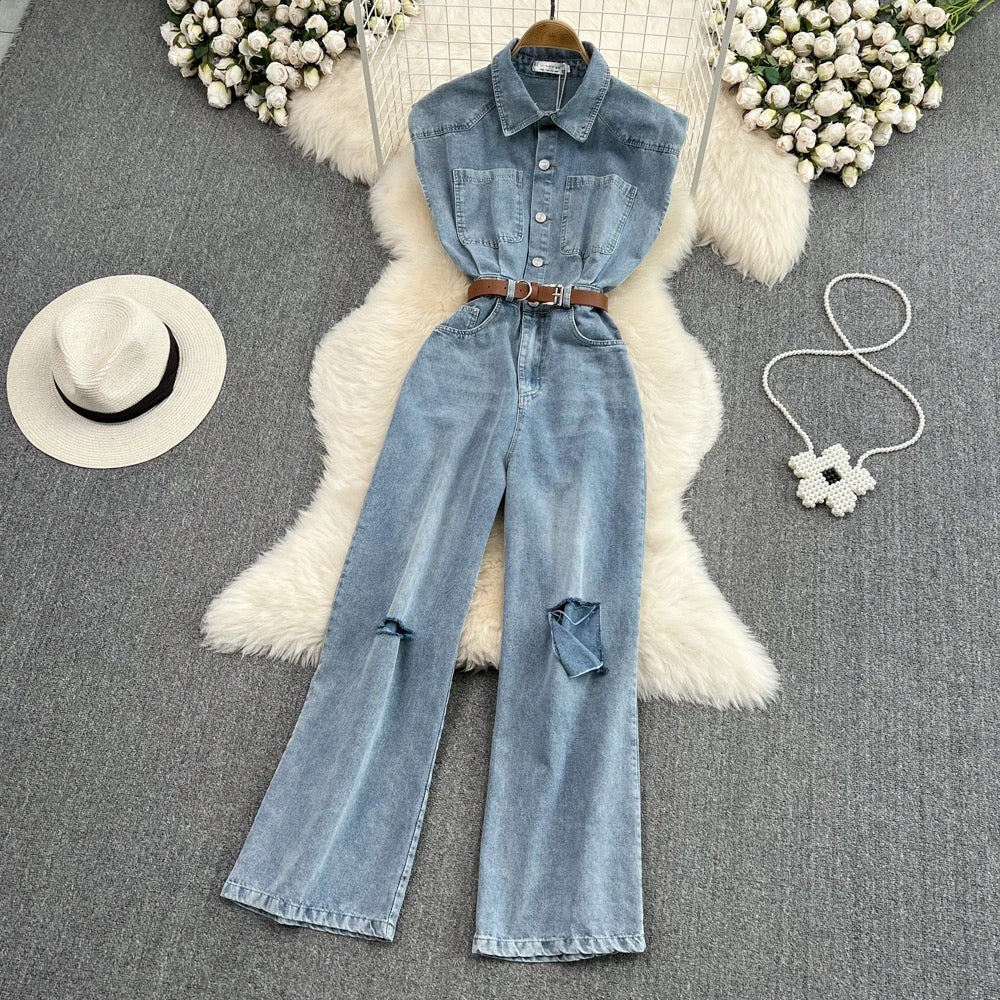 Sleeveless denim jumpsuit